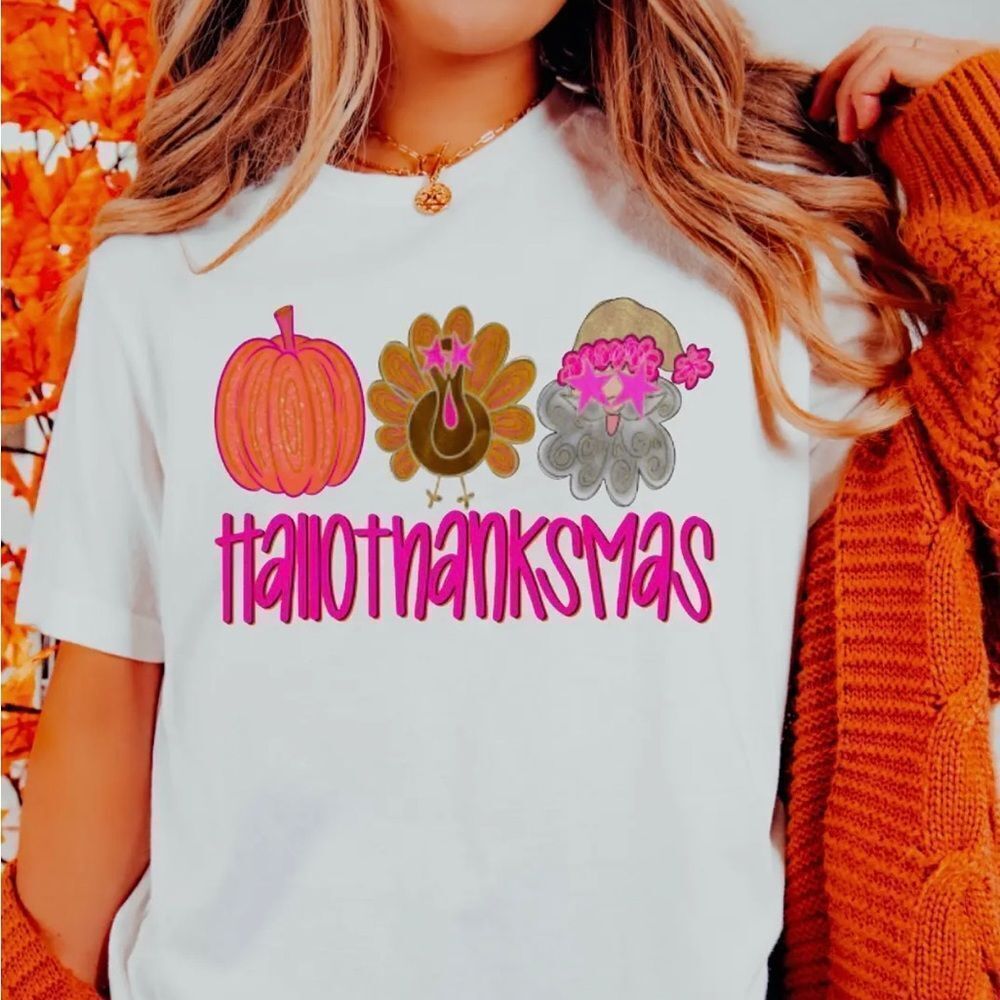 White HalloThanksMas Graphic T-Shirt